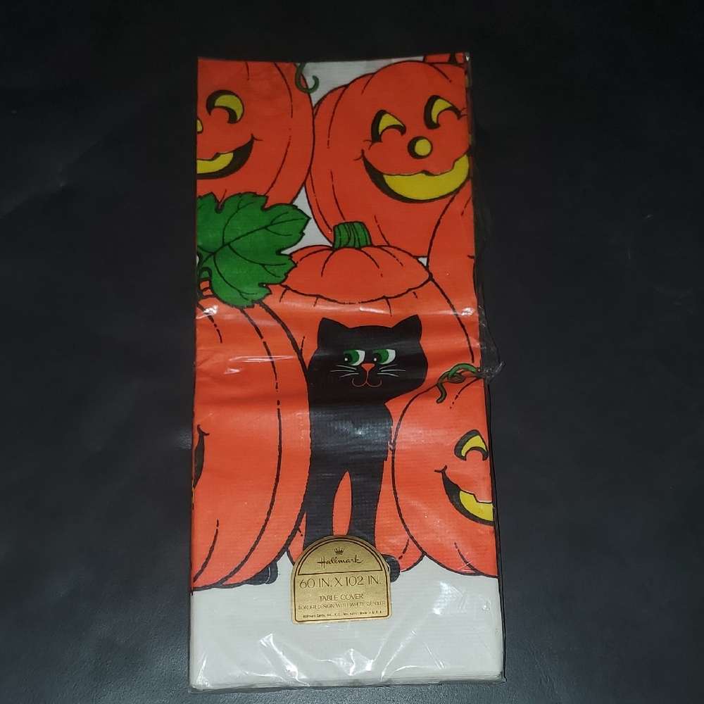 Vintage Hallmark Halloween Table Cover with Orange Pumpkins and Black Cat Design